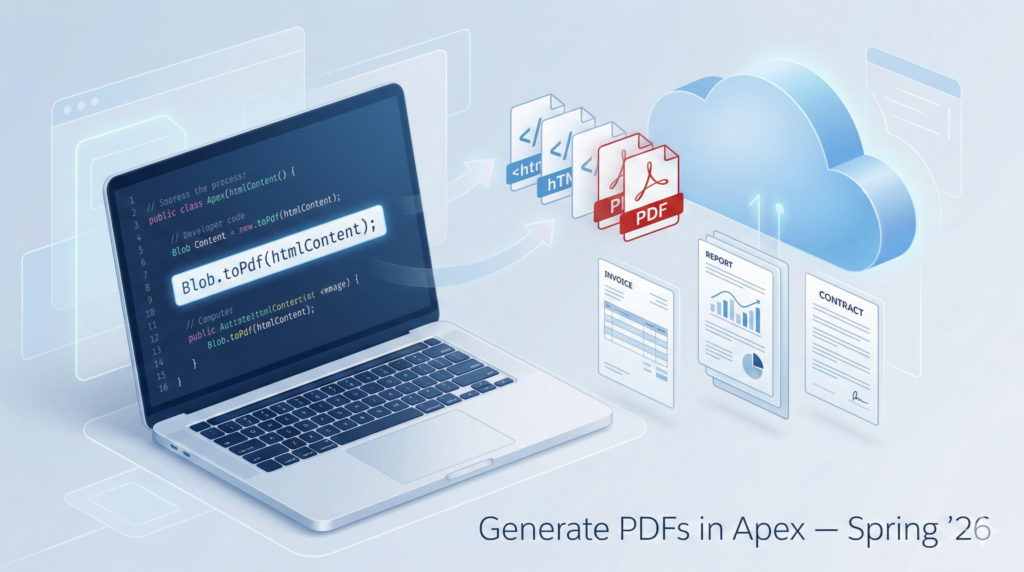 Generate PDFs in Apex Salesforce using Blob.toPdf in Spring ’26 with HTML to PDF conversion illustration